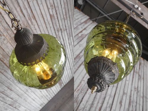 他の写真1: アンティーク　グリーンガラス　3灯吊り下げランプ