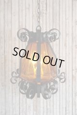 アンティーク　アンバーガラス　3灯吊り下げランプ　