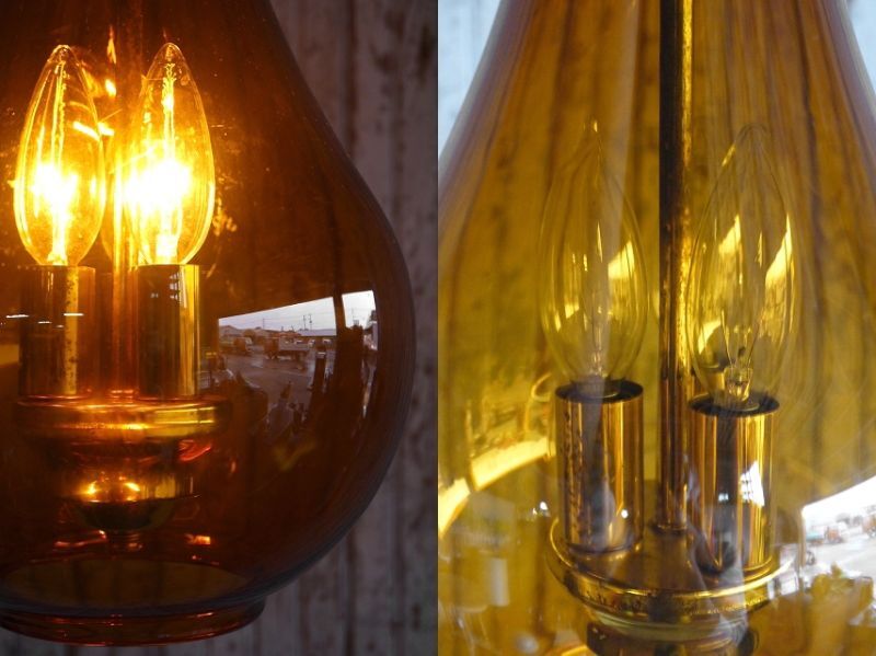 画像: アンティーク　アンバーガラス　3灯吊り下げランプ