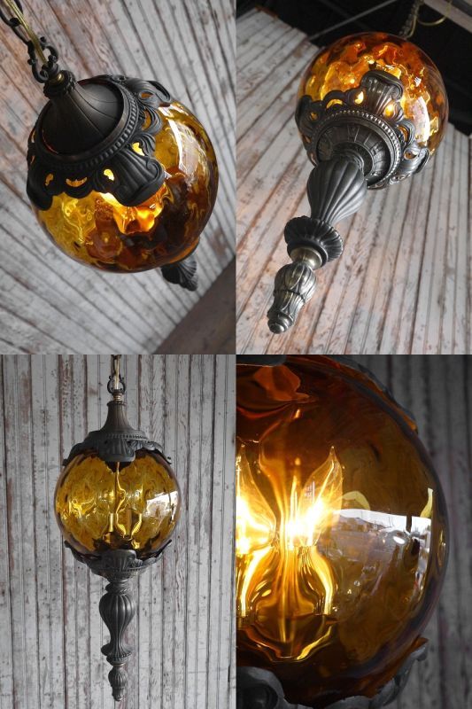 画像: アンティーク　アンバーガラス　3灯吊り下げランプ　