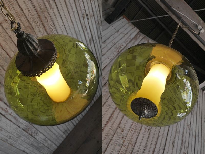 画像: アンティーク　グリーンガラス　吊り下げランプ